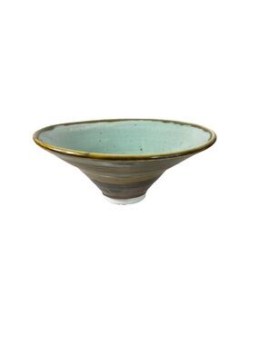 Handmade Studio Pottery Bowl Green Blue Glaze 8 3/16” Wide Tapered V Shape